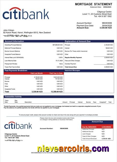 New Zealand Citibank New Zealand mortgage statement Word and PDF template